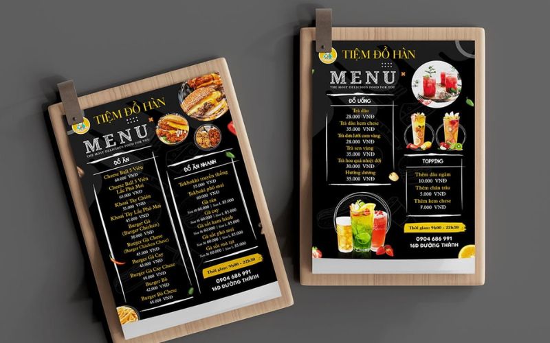 thiết kế menu với kích thước và kiểu dáng phù hợp